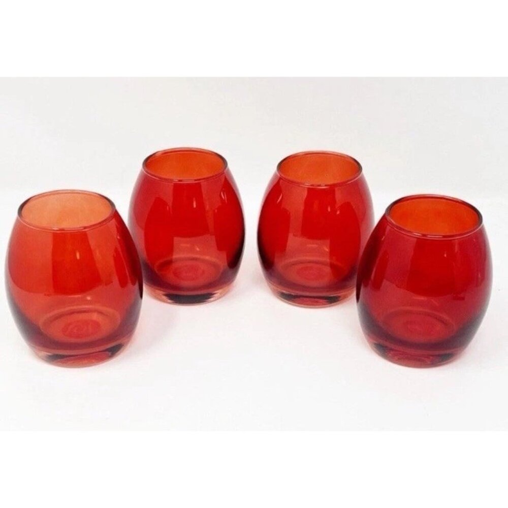 Set 4 Red Glass Votive Holders or Stemless Wine Glasses Joy Holiday